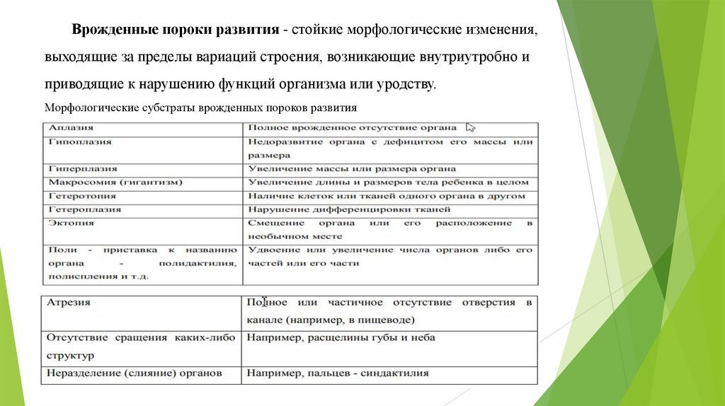 Врожденные пороки развития - стойкие морфологические изменения, выходящие за пределы вариаций строения, возникающие