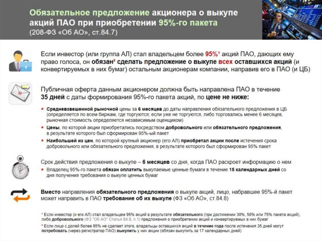 Обязательное предложение акционера о выкупе акций ПАО при приобретении 95%-го пакета (208-ФЗ «Об АО», ст.84.7)