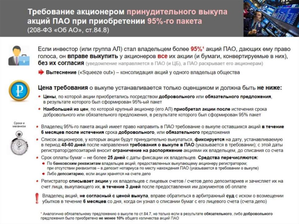 Требование акционером принудительного выкупа акций ПАО при приобретении 95%-го пакета (208-ФЗ «Об АО», ст.84.8)