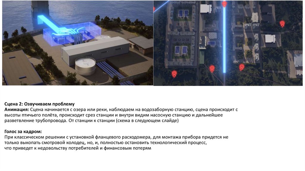 Сцена 2: Озвучиваем проблему Анимация: Сцена начинается с озера или реки, наблюдаем на водозаборную станцию, сцена происходит с