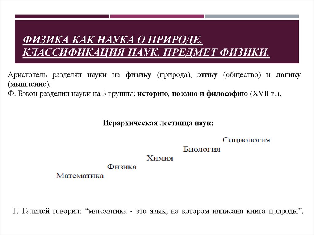 Физика как наука о природе. Классификация наук. Предмет физики.