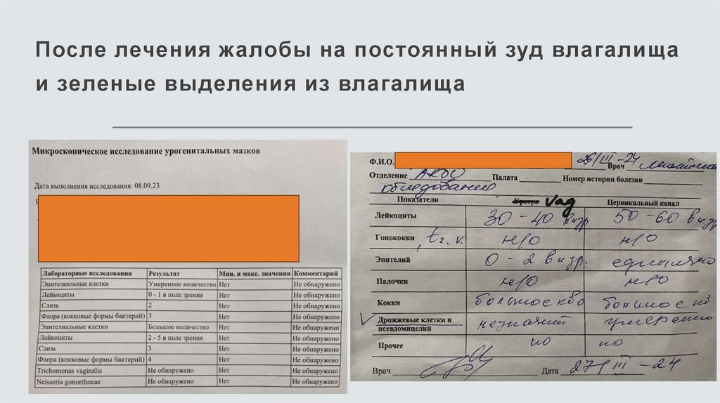 После лечения жалобы на постоянный зуд влагалища и зеленые выделения из влагалища