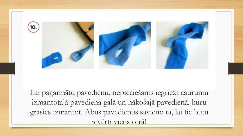 Lai pagarinātu pavedienu, nepieciešams iegriezt caurumu izmantotajā pavediena galā un nākošajā pavedienā, kuru grasies