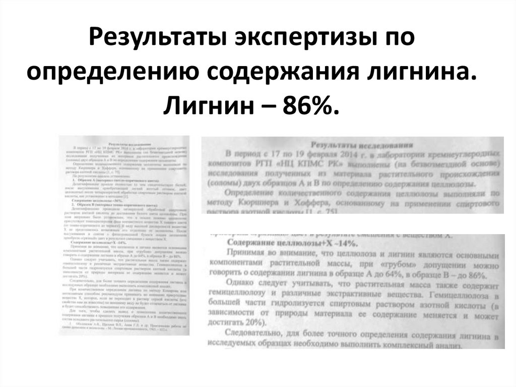Результаты экспертизы по определению содержания лигнина. Лигнин – 86%.