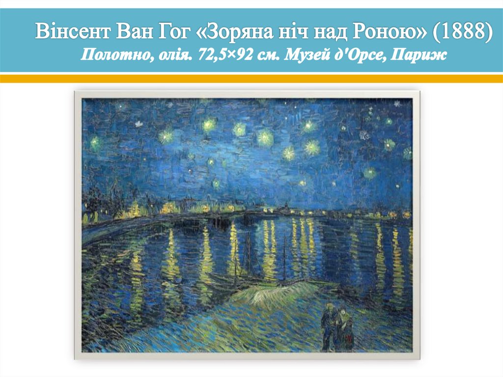Вінсент Ван Гог «Зоряна ніч над Роною» (1888) Полотно, олія. 72,5×92 см. Музей д'Орсе, Париж
