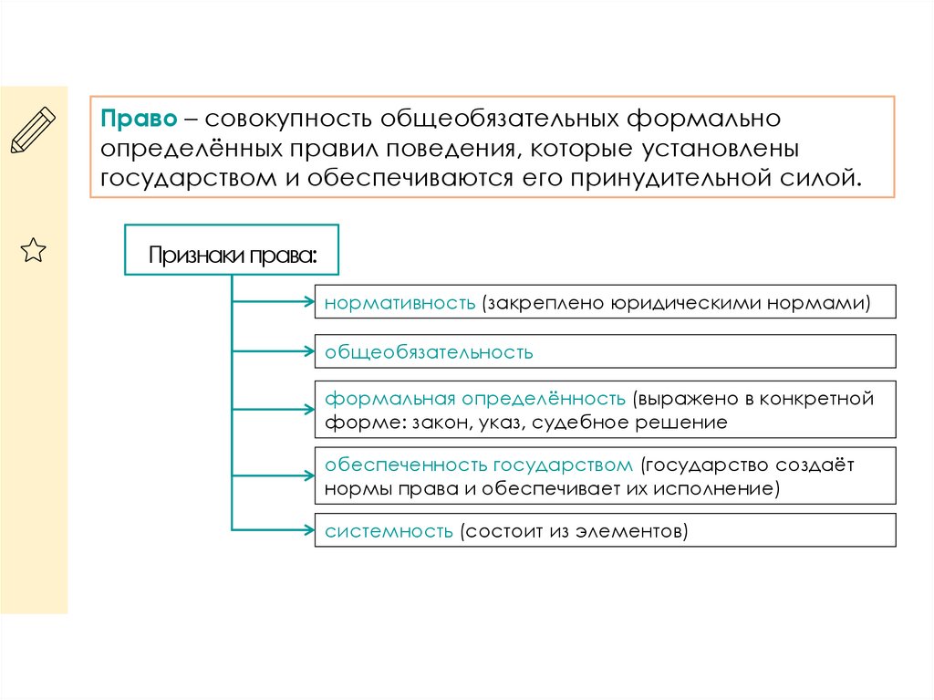 Право – совокупность общеобязательных формально определённых правил поведения, которые установлены государством и