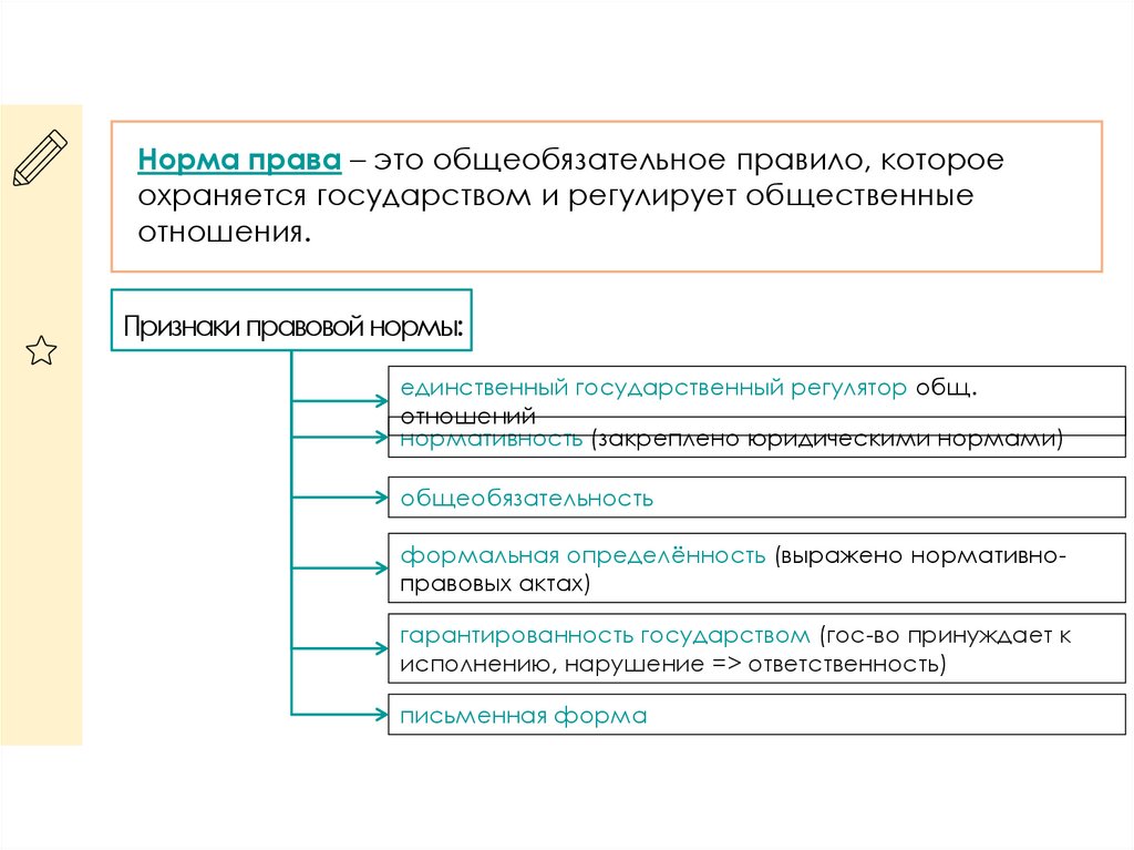 Норма права – это общеобязательное правило, которое охраняется государством и регулирует общественные отношения.