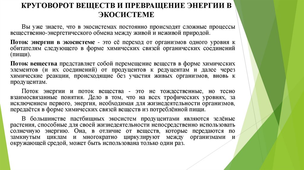 КРУГОВОРОТ ВЕЩЕСТВ И ПРЕВРАЩЕНИЕ ЭНЕРГИИ В ЭКОСИСТЕМЕ
