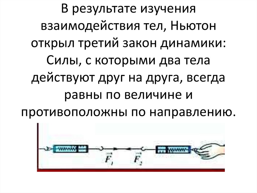 В результате изучения взаимодействия тел, Ньютон открыл третий закон динамики: Силы, с которыми два тела действуют друг на