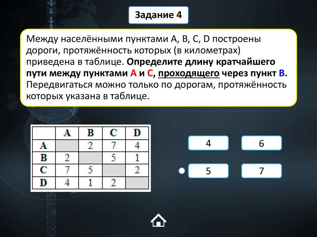 Между населёнными пунктами A, B, C, D построены дороги, протяжённость которых (в километрах) приведена в таблице. Определите