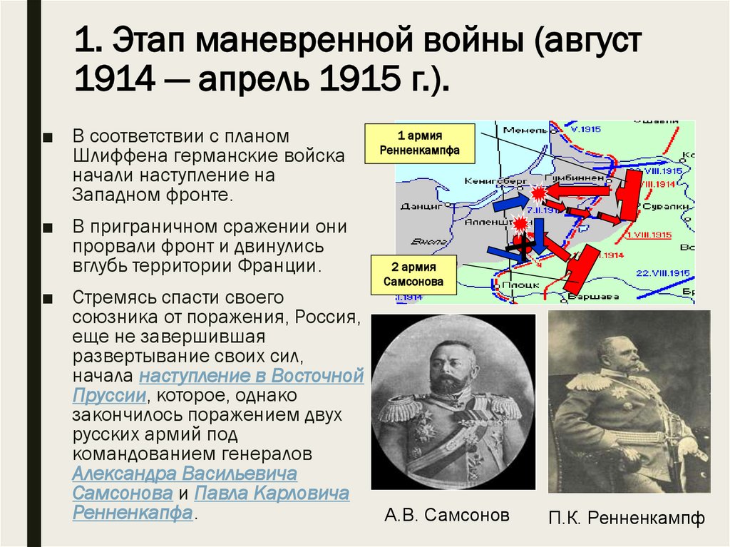 1. Этап маневренной войны (август 1914 — апрель 1915 г.).