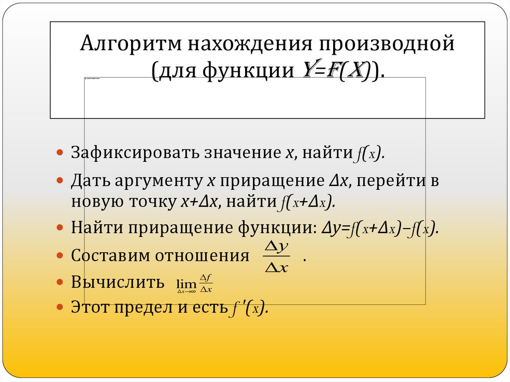Алгоритм нахождения производной (для функции y=f(x)).