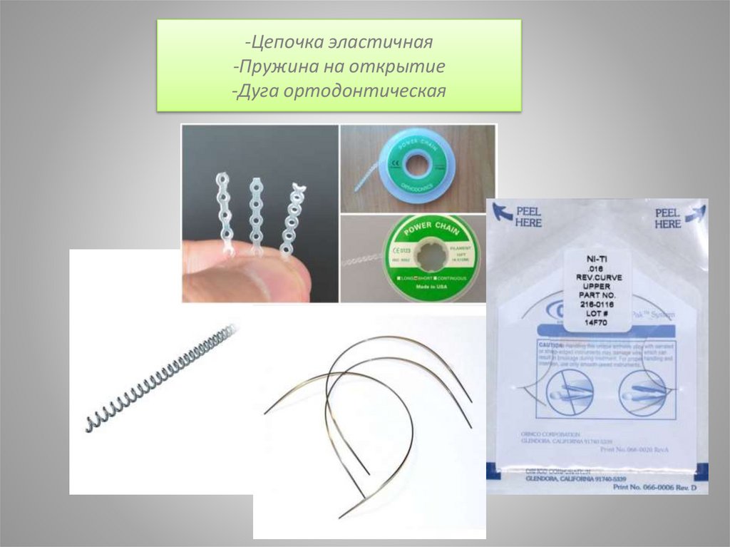 -Цепочка эластичная -Пружина на открытие -Дуга ортодонтическая