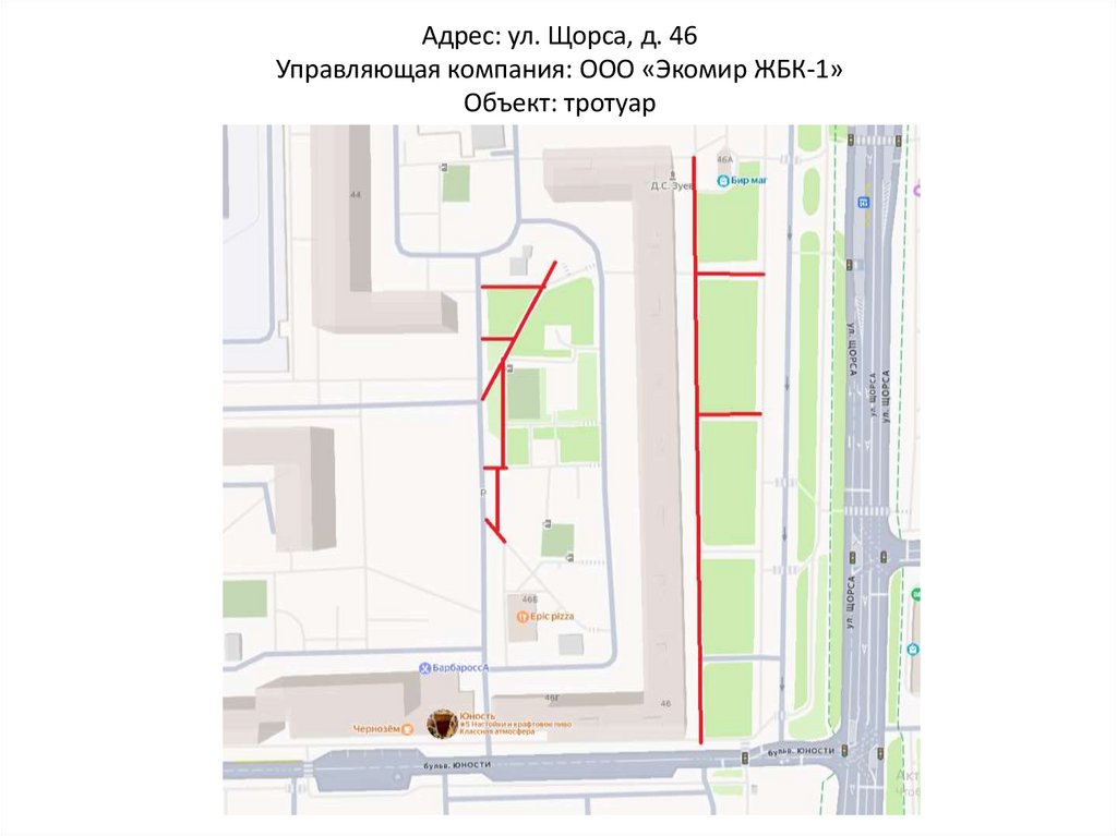 Адрес: ул. Щорса, д. 46 Управляющая компания: ООО «Экомир ЖБК-1» Объект: тротуар