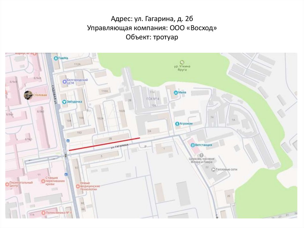 Адрес: ул. Гагарина, д. 2б Управляющая компания: ООО «Восход» Объект: тротуар