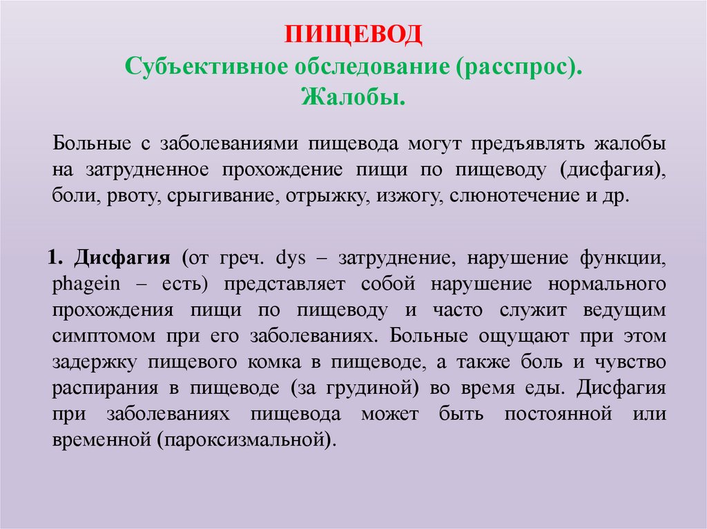 ПИЩЕВОД Субъективное обследование (расспрос). Жалобы.