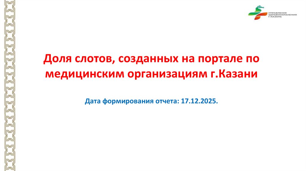 Доля слотов, созданных на портале по медицинским организациям г.Казани Дата формирования отчета: 17.12.2025.