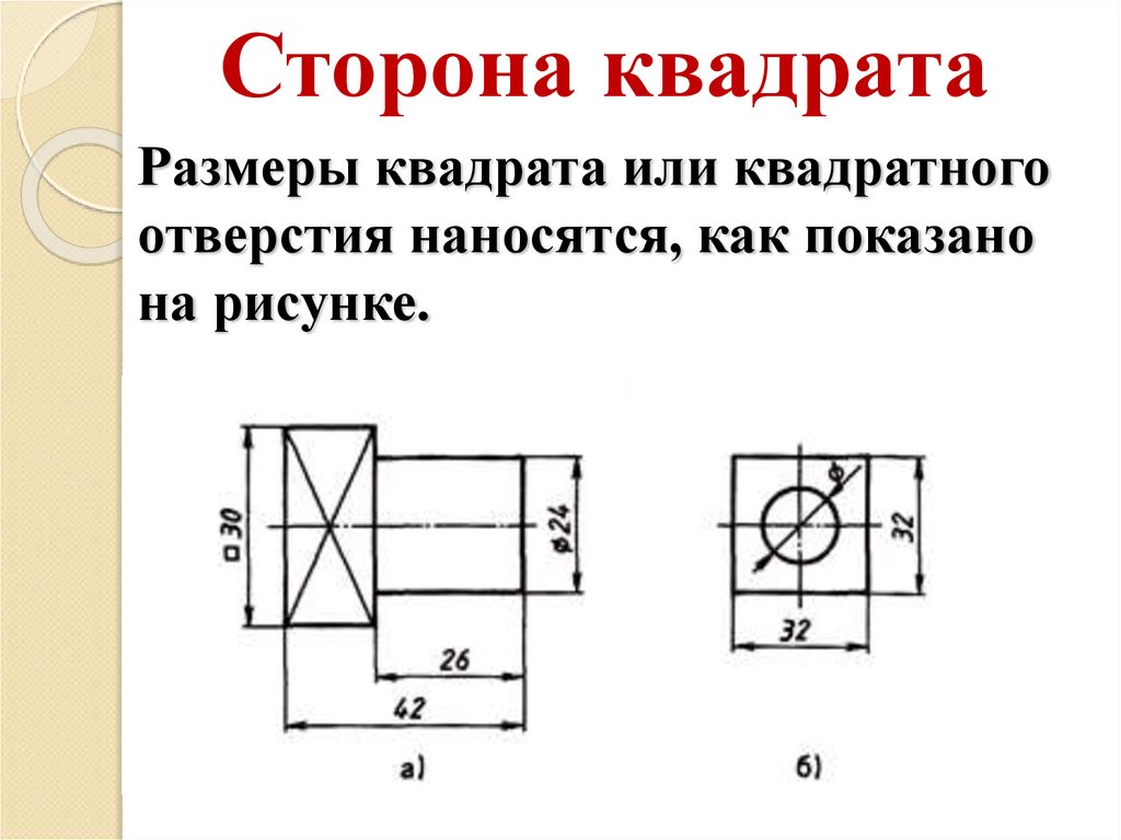 Размеры квадрата или квадратного отверстия наносятся, как показано на рисунке.