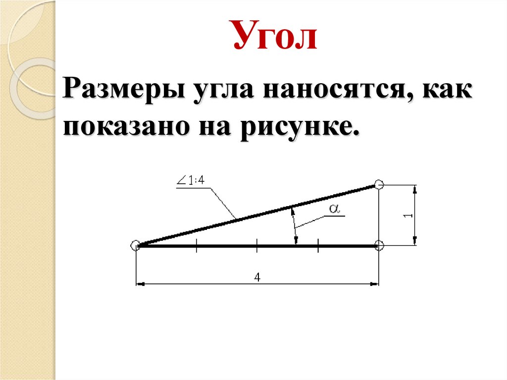 Размеры угла наносятся, как показано на рисунке.