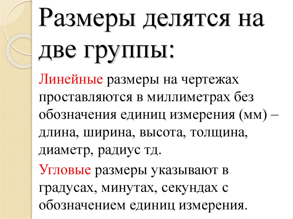 Размеры делятся на две группы: