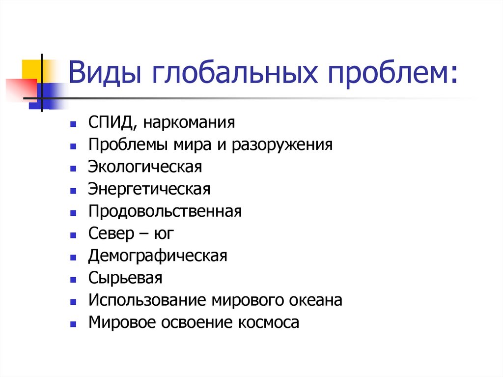 Виды глобальных проблем: