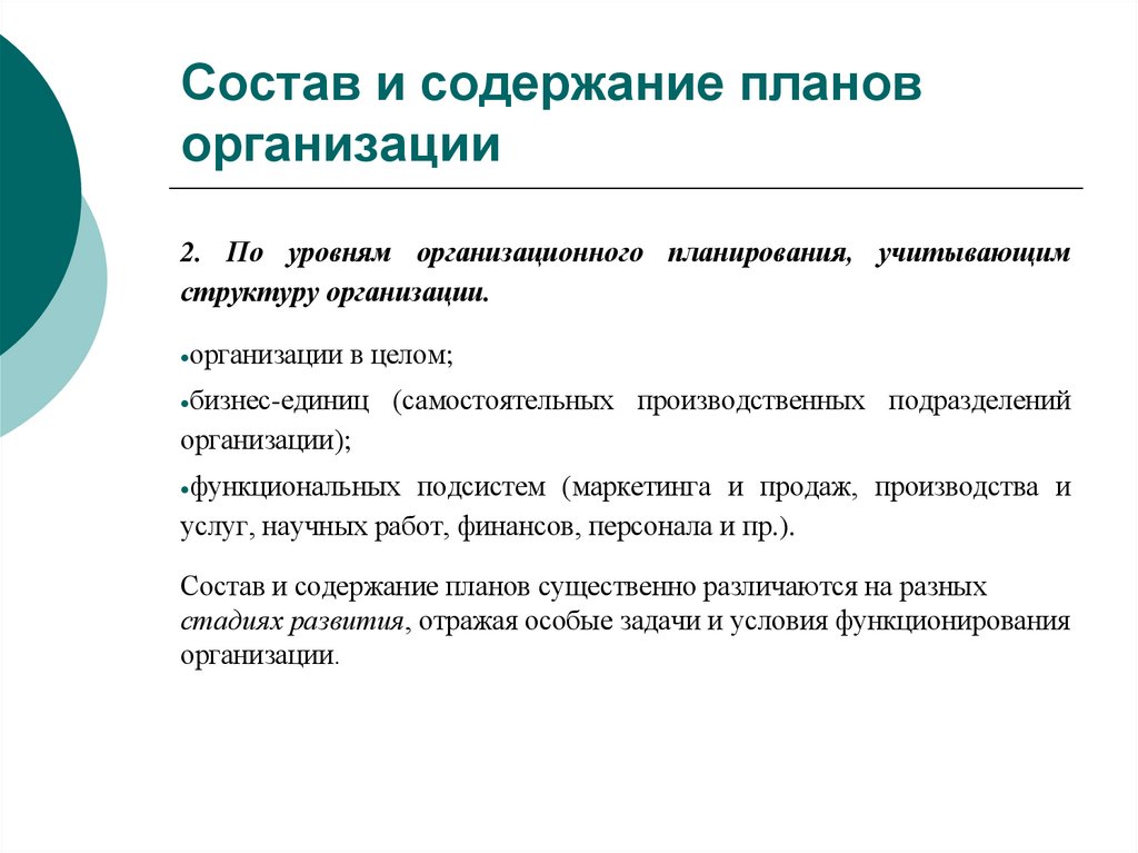 Состав и содержание планов организации