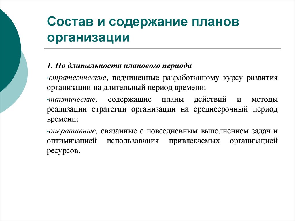 Состав и содержание планов организации