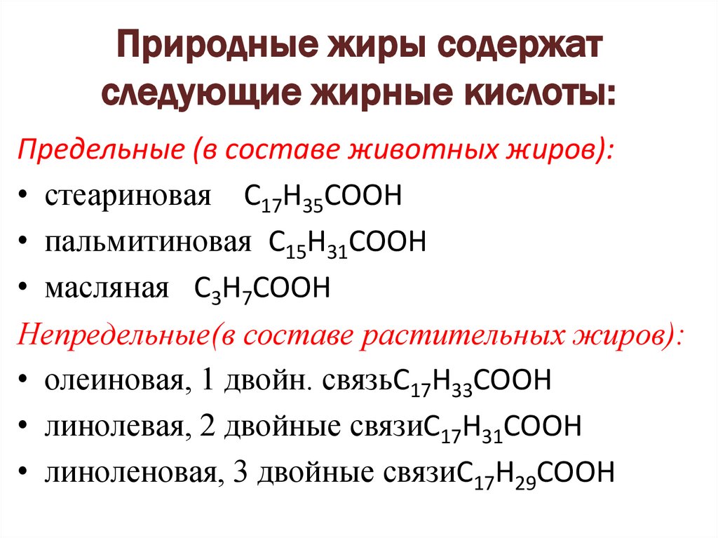 Природные жиры содержат следующие жирные кислоты: