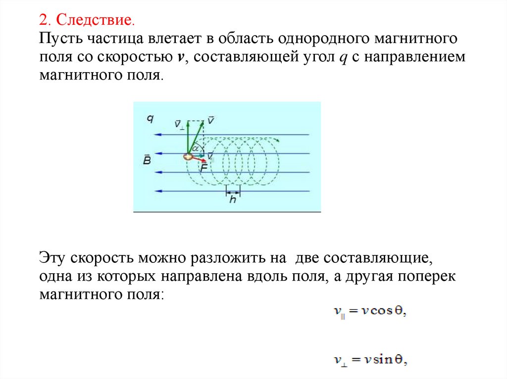 2. Следствие. Пусть частица влетает в область однородного магнитного поля со скоростью v, составляющей угол q с направлением