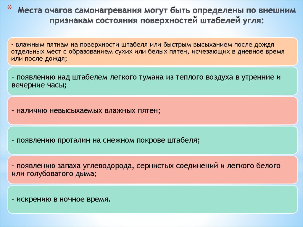 Места очагов самонагревания могут быть определены по внешним признакам состояния поверхностей штабелей угля: