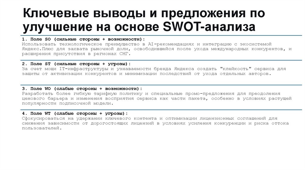 Ключевые выводы и предложения по улучшение на основе SWOT-анализа
