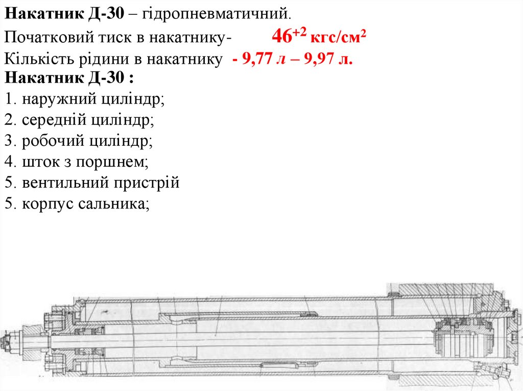 Накатник Д-30 : 1. наружний циліндр; 2. середній циліндр; 3. робочий циліндр; 4. шток з поршнем; 5. вентильний пристрій 5.