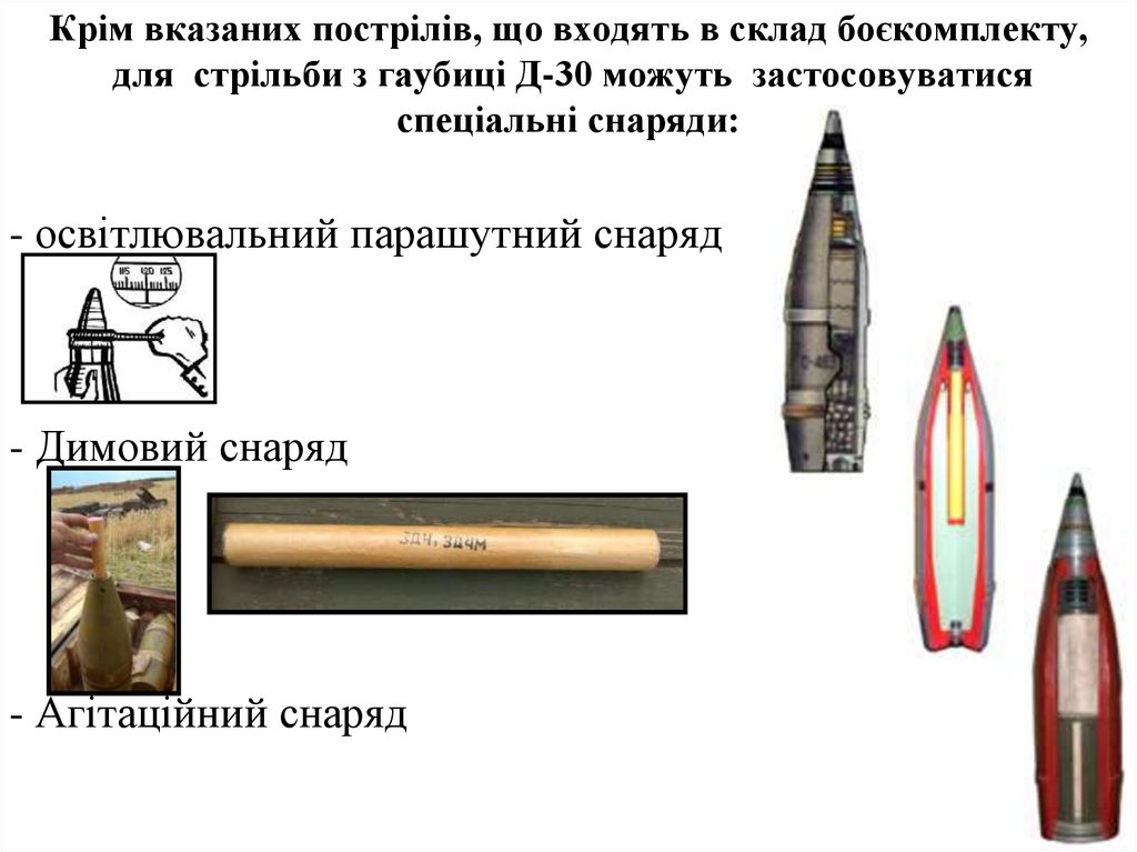 - освітлювальний парашутний снаряд - Димовий снаряд - Агітаційний снаряд