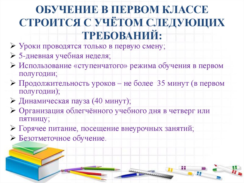 ОБУЧЕНИЕ В ПЕРВОМ КЛАССЕ СТРОИТСЯ С УЧЁТОМ СЛЕДУЮЩИХ ТРЕБОВАНИЙ: