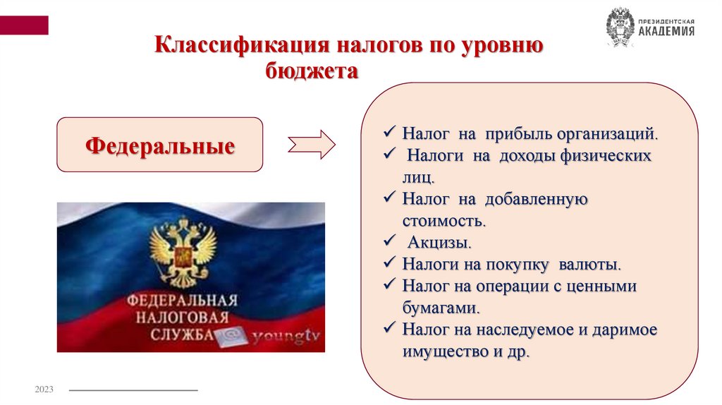 Классификация налогов по уровню бюджета