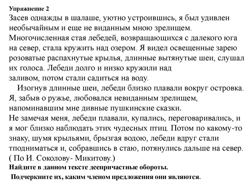 Упражнение 2 Засев однажды в шалаше, уютно устроившись, я был удивлен необычайным и еще не виданным мною зрелищем.