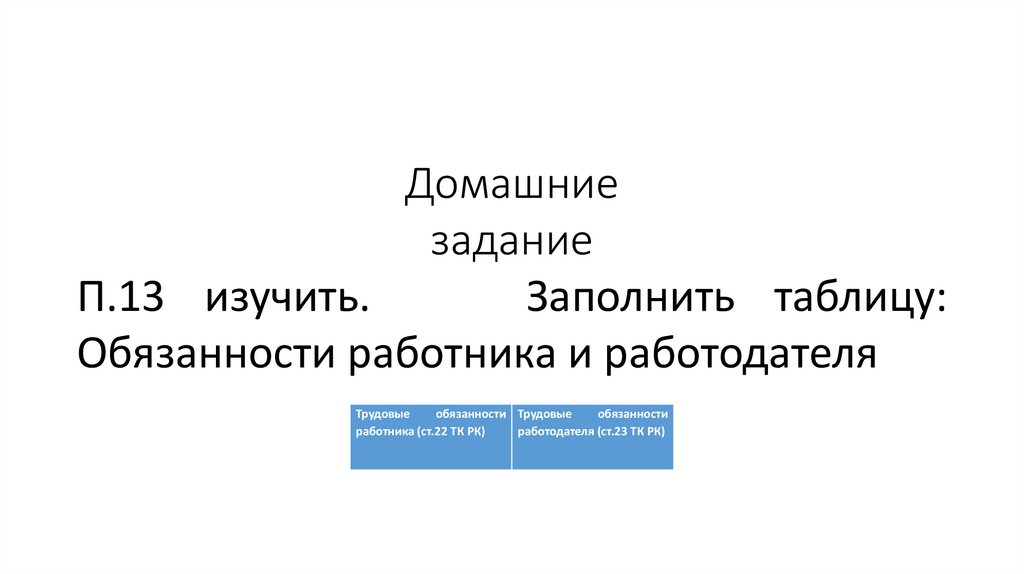 Домашние задание П.13 изучить. Заполнить таблицу: Обязанности работника и работодателя
