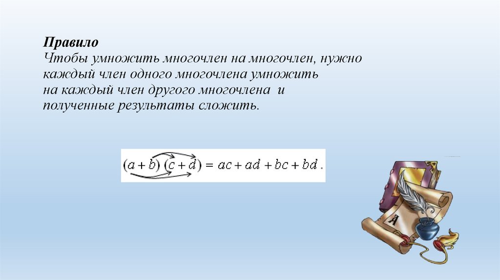 Правило Чтобы умножить многочлен на многочлен, нужно каждый член одного многочлена умножить на каждый член другого многочлена и