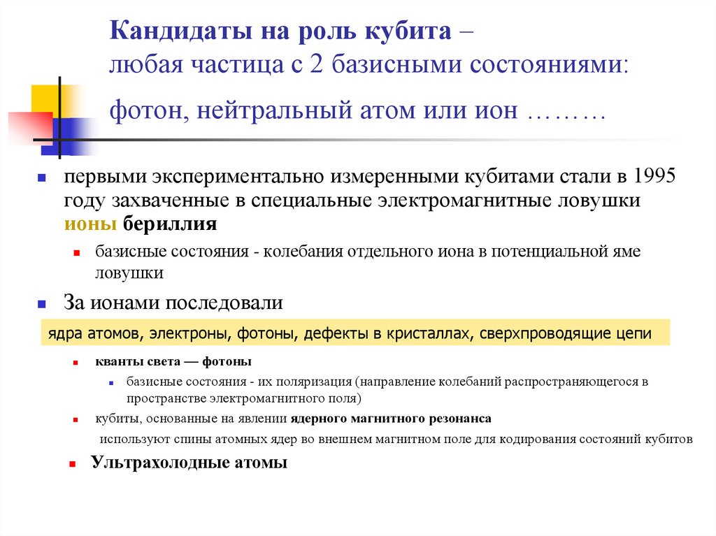 Кандидаты на роль кубита – любая частица с 2 базисными состояниями:  фотон, нейтральный атом или ион ………