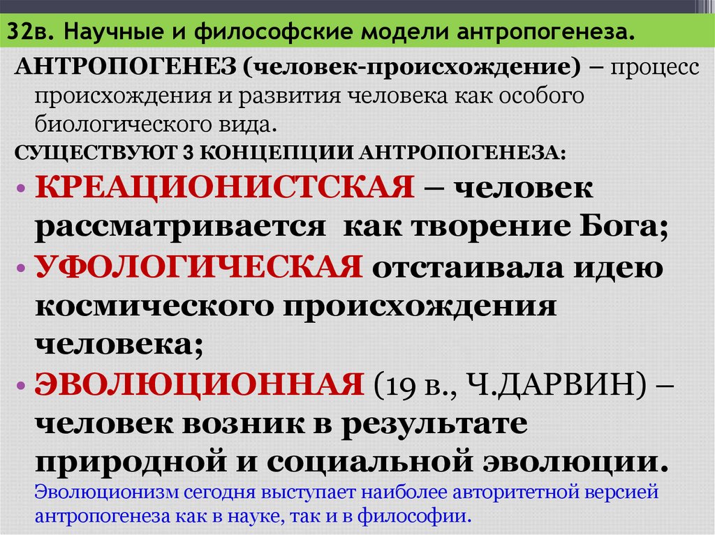 32в. Научные и философские модели антропогенеза.