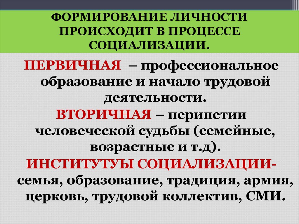 ФОРМИРОВАНИЕ ЛИЧНОСТИ ПРОИСХОДИТ В ПРОЦЕССЕ СОЦИАЛИЗАЦИИ.