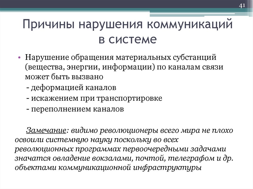 Причины нарушения коммуникаций в системе
