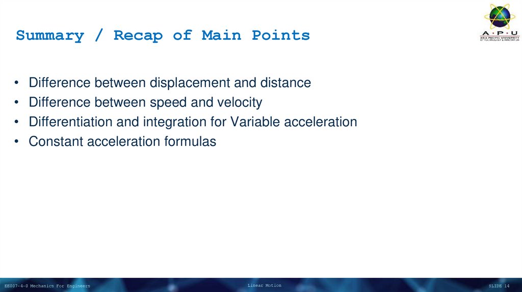 Summary / Recap of Main Points