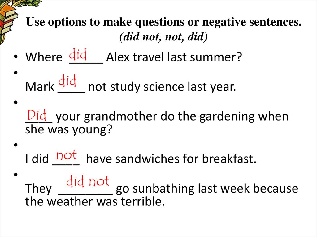 Use options to make questions or negative sentences. (did not, not, did)