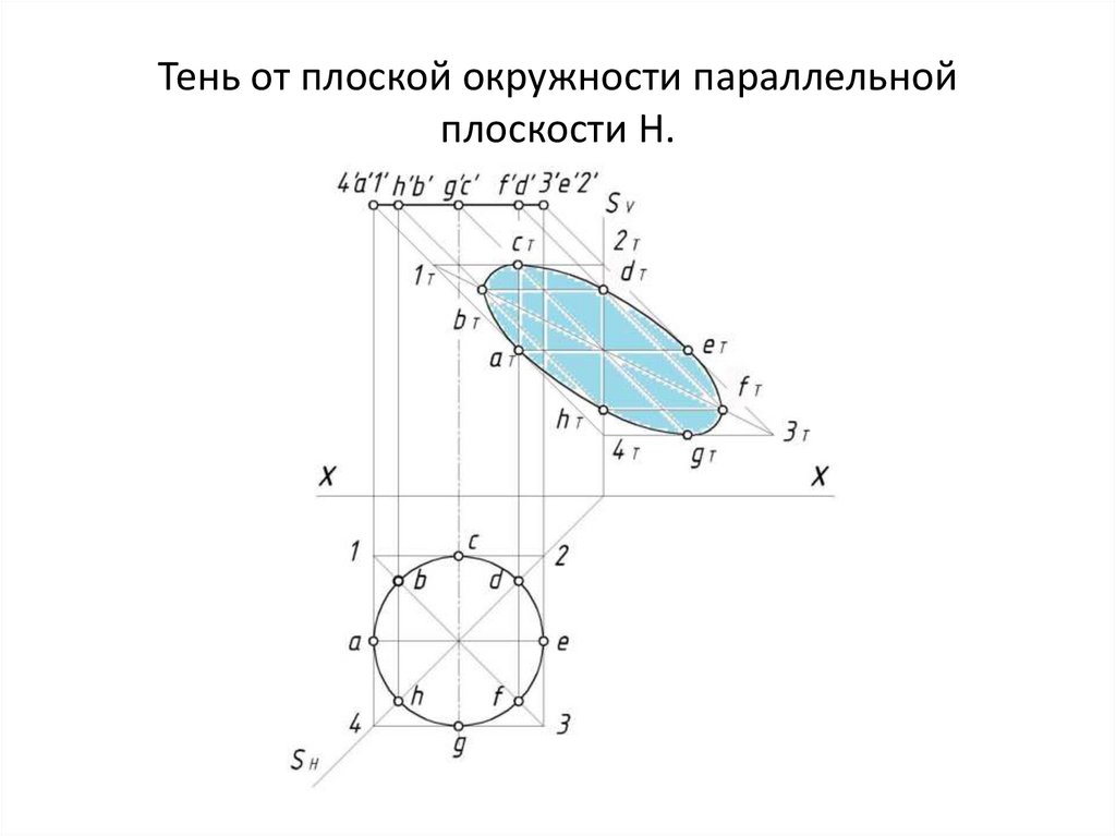 Тень от плоской окружности параллельной плоскости H.