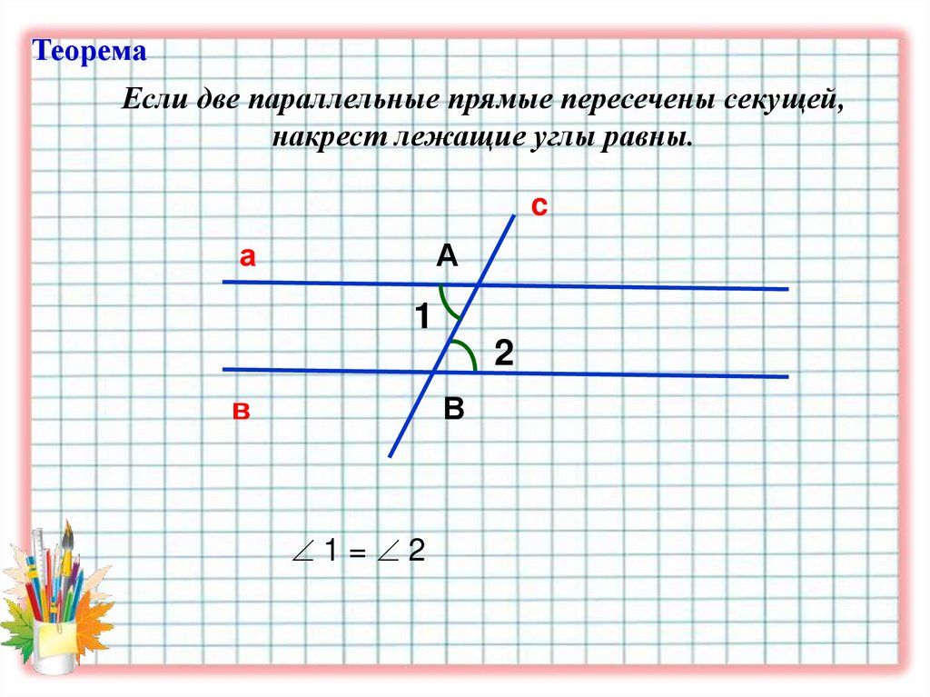 Если две параллельные прямые пересечены секущей, накрест лежащие углы равны.