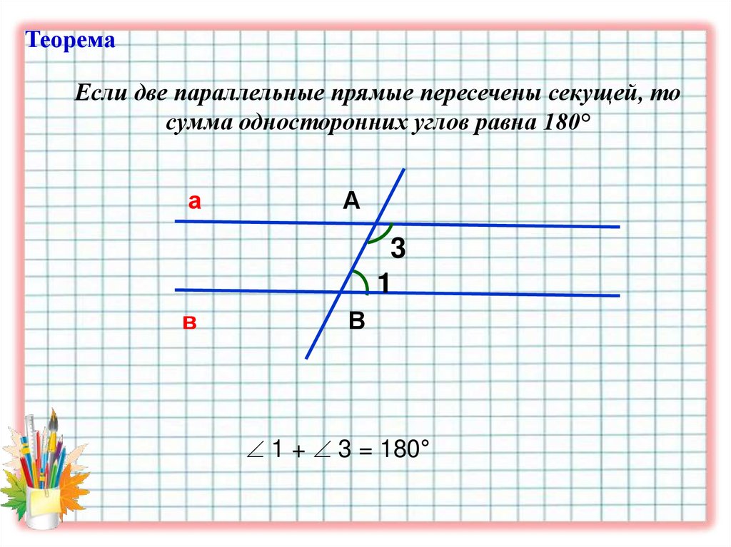 Если две параллельные прямые пересечены секущей, то сумма односторонних углов равна 180°