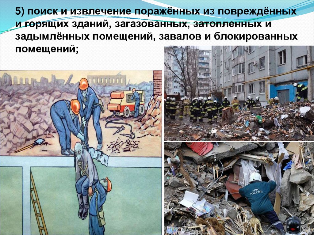 5) поиск и извлечение поражённых из повреждённых и горящих зданий, загазованных, затопленных и задымлённых помещений, завалов и