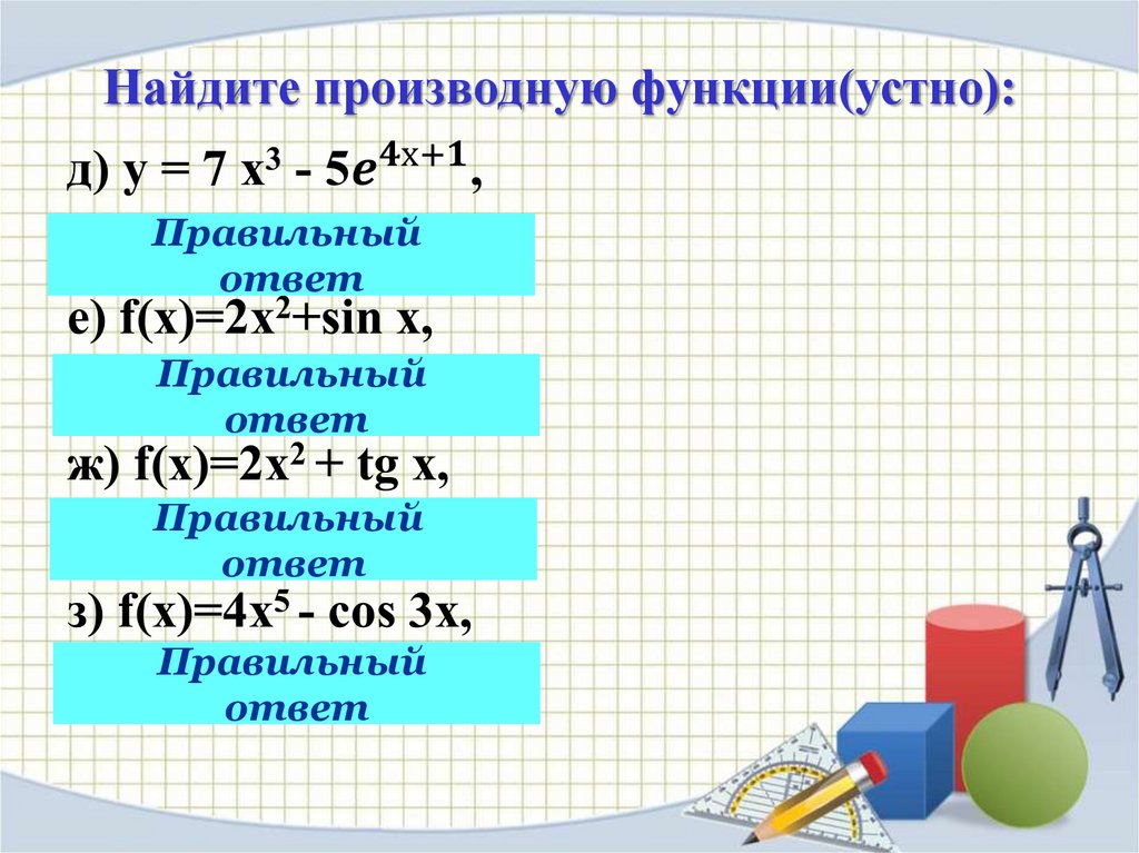 Найдите производную функции(устно):