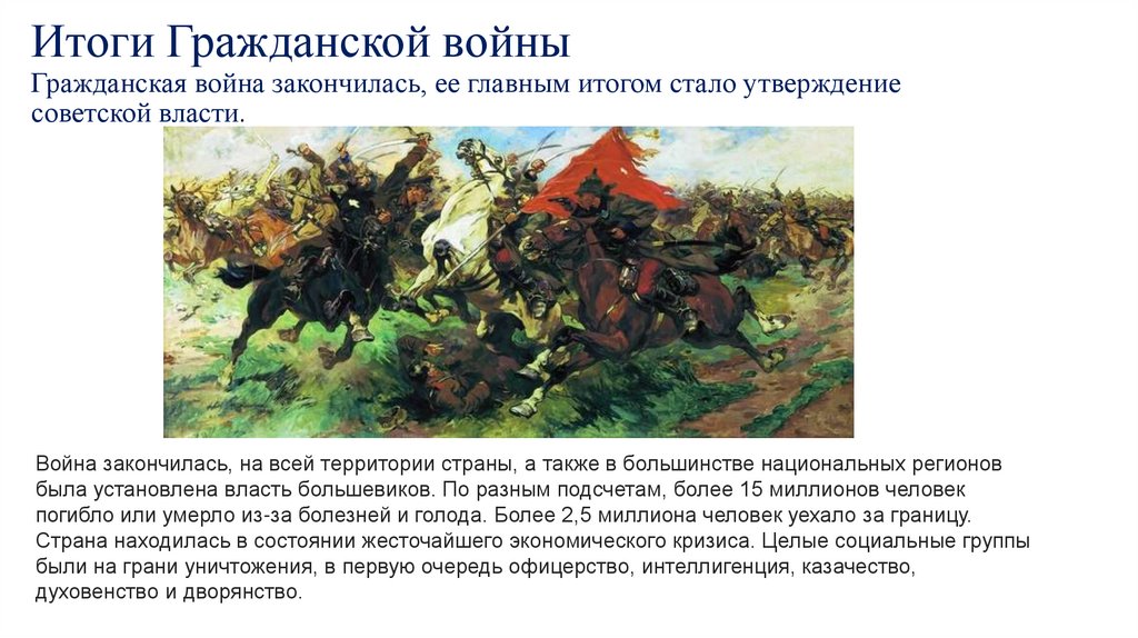 Итоги Гражданской войны Гражданская война закончилась, ее главным итогом стало утверждение советской власти.